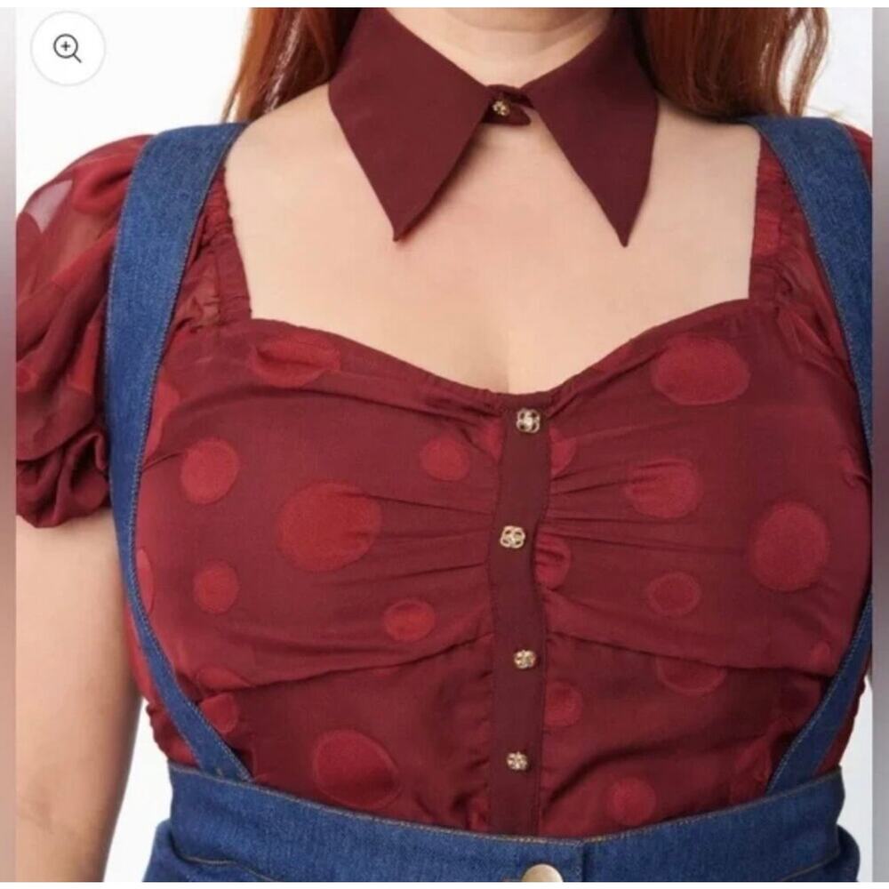 Smak Parlour Unique Vintage Burgundy Polka Dot Crop Top With Collar 1X NWOT